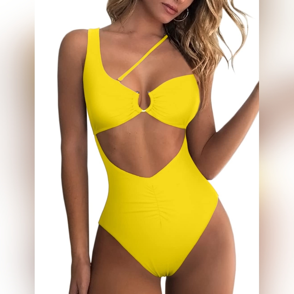 New Yellow Cutout Swimsuit One Shoulder 531 Strappy Bathing Suit Size‎ M